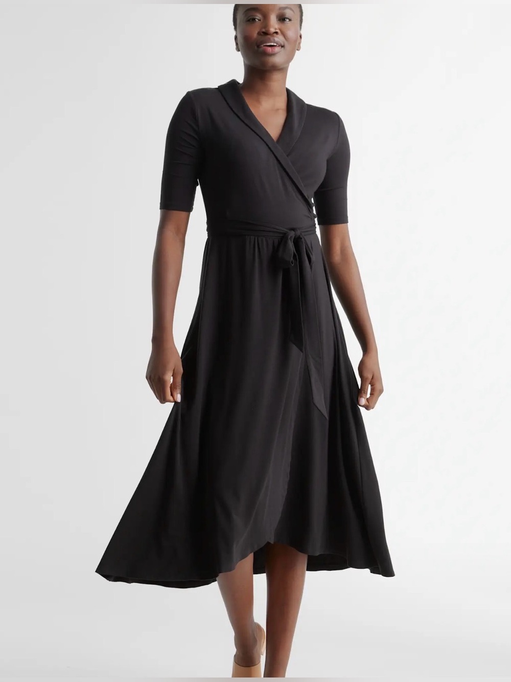 Quince Black Tencel Midi Wrap Dress, Large, Soft Stretch, Sustainable, Office